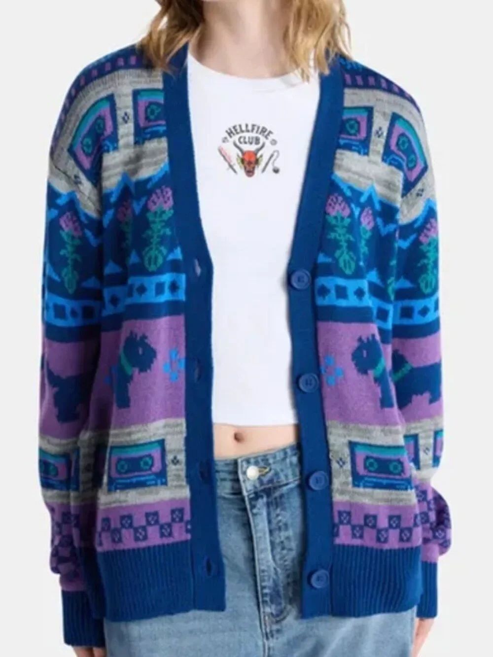 Stanger Things Cardigan Sweater Size XS Oversized Novelty Cassette Tape Terrier